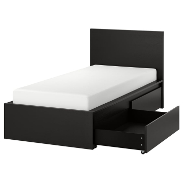 MALM gultas rāmis, augsts, 2 veļas kastes, melnbrūns/Lönset